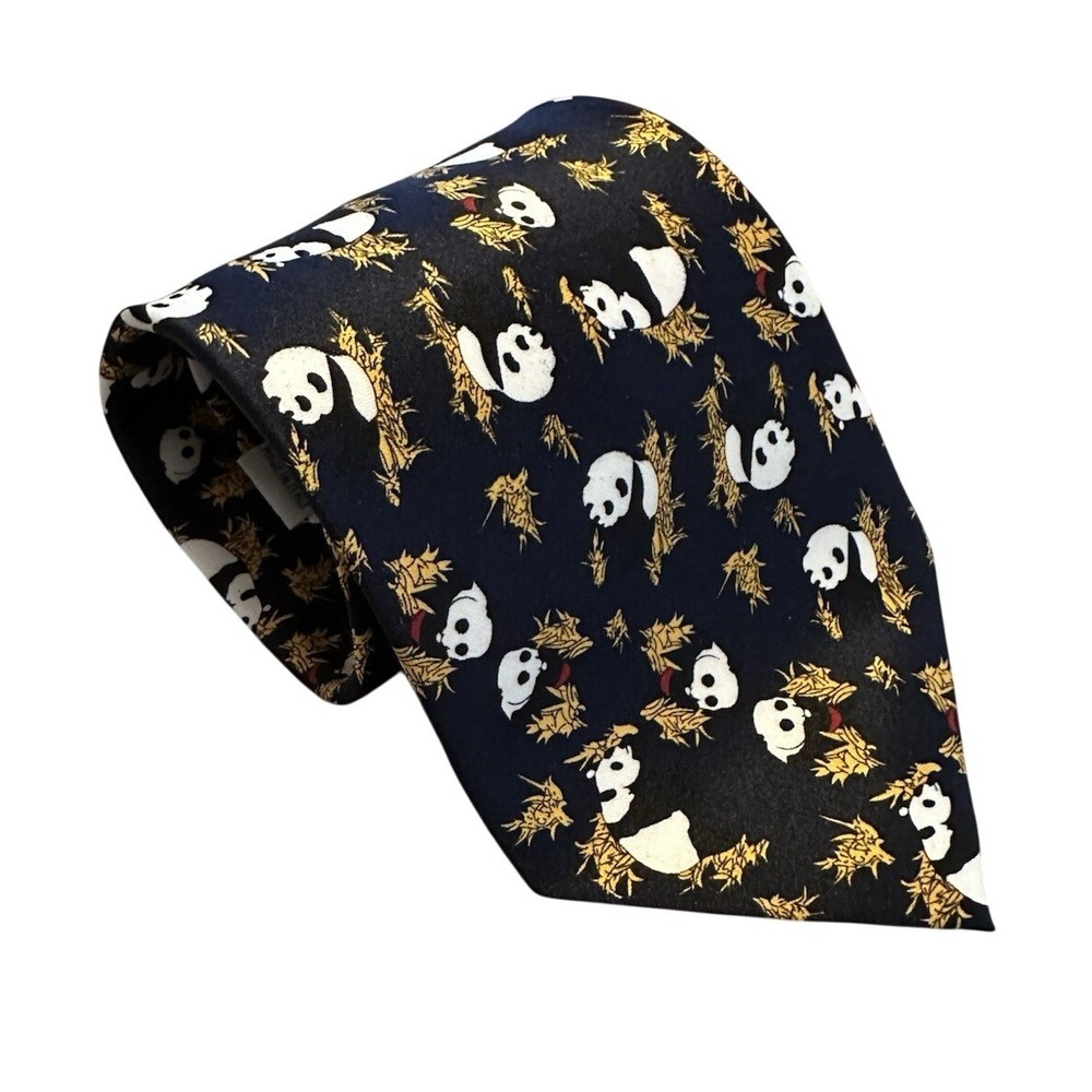 Giorgio Armani Cravatte‎ 100% Silk Panda Novelty Tie Black Gold Italy Made